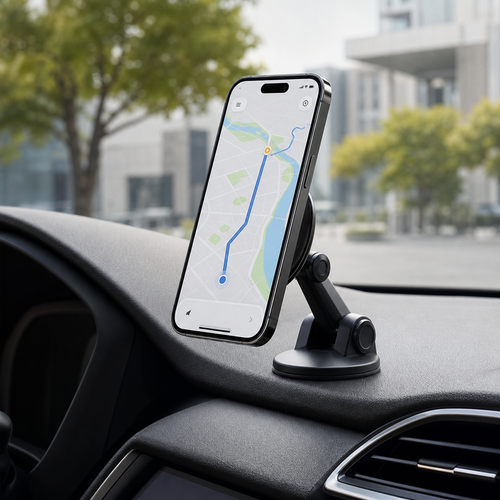 Close-up of minimalist black MagSafe-compatible magnetic car phone mount hardware