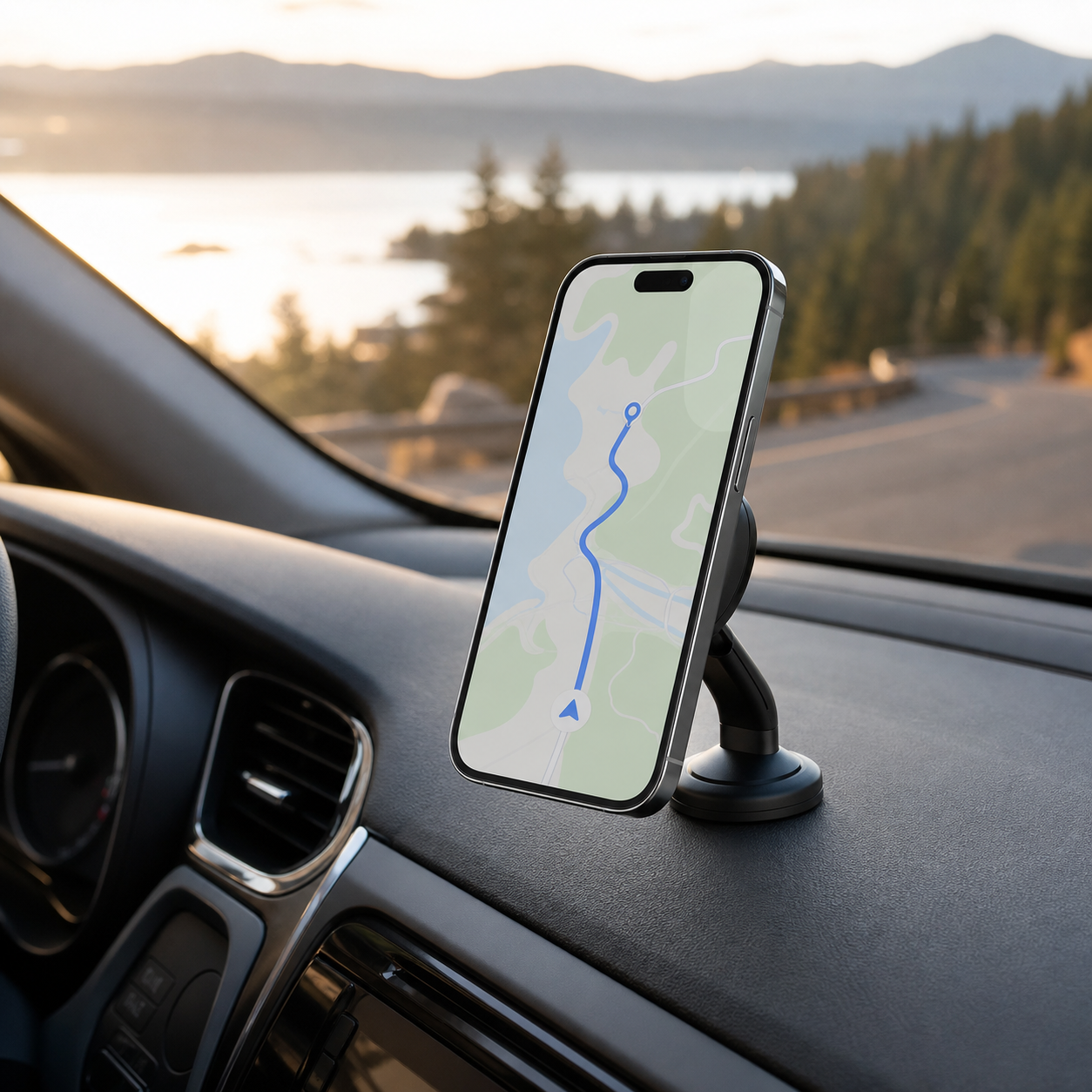 Magnetic car phone holder mounted for road trip navigation in a clean car interior